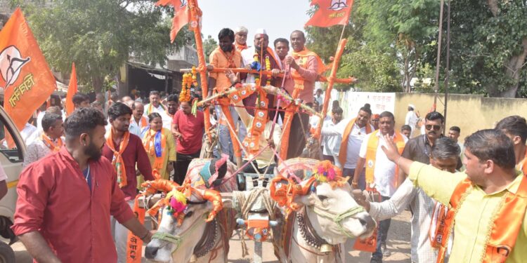 “गुलाबभाऊंचा आदिवासी बांधवांकडून ‘धनुष्यबाण’ सन्मान, शेतकऱ्यांसह भव्य बैलगाडी प्रचार रॅलीने शक्तिप्रदर्शन”;  विकासाचे व्हिजन म्हणजे धनुष्यबाण” साठी एकवटले शेतकरी व आदिवासीं बांधव