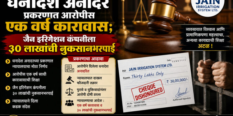 धनादेश अनादर प्रकरणात आरोपीस एक वर्ष कारावास; जैन इरिगेशन कंपनीला ३० लाखांची नुकसानभरपाई